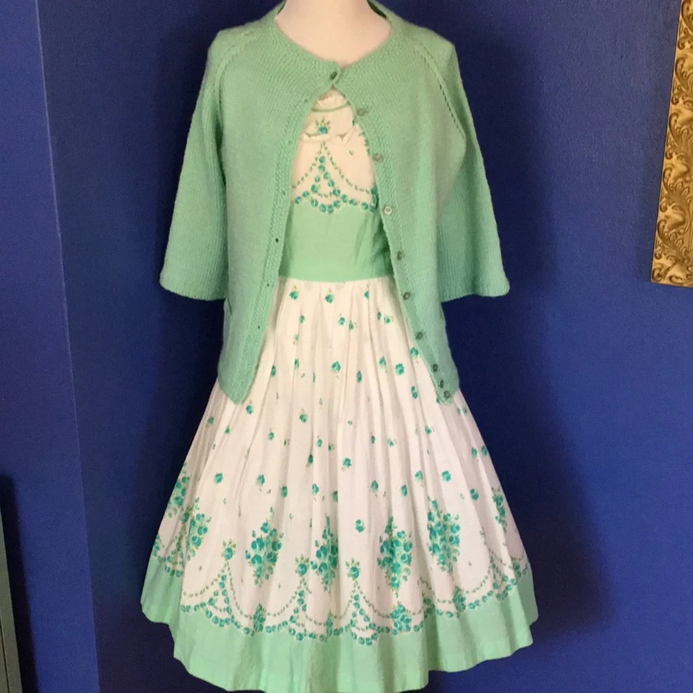 Vintage 1950s mint sea foam green handmade sweater cardigan pinup rockabilly - Picture 13 of 15